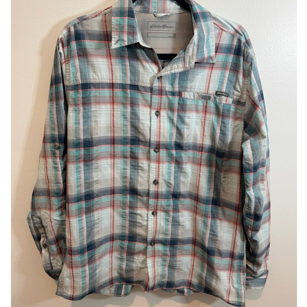 Eddie Bauer Mens Plaid Long Sleeve Button Down Shirt Blue Teal Orange Medium